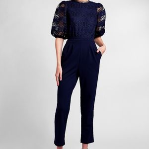 Express Navy Lace Puff Sleeve Jumpsuit